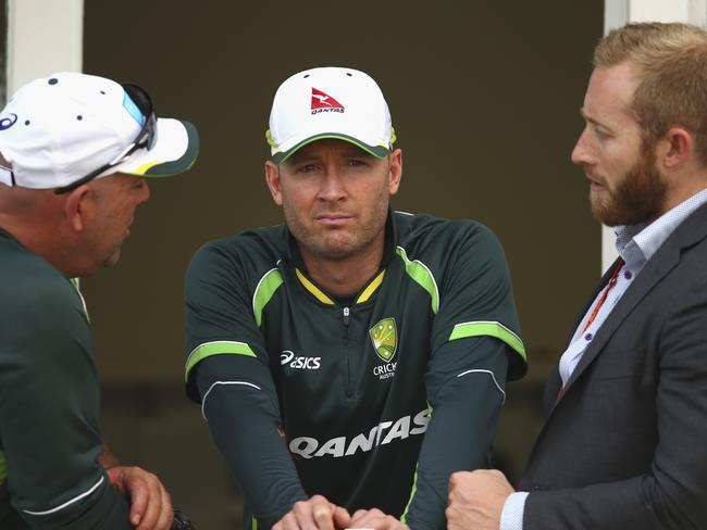 Gavin Dovey (right) with then Australian coach Darren Lehmann and captain Michael Clarke during the 2015 Ashes. He was the national team manager for more than a decade. Picture: Ryan Pierse/Getty Images.