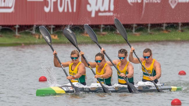 K4 athletes Alyssa Bull, Jaime Roberts, Alyce Burnett, Jo Brigden-Jones. Photo Steve McArthur (Rowing Celebration)