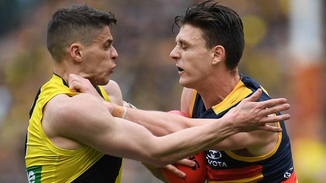 Jake Lever scraps with Richmond’s Dion Prestia during the Grand Final The Crow has been engaged in an arm wrestle with the Crows over his future and on Tuesday announced his desire to leave. Picture: AAP Image/Julian Smith