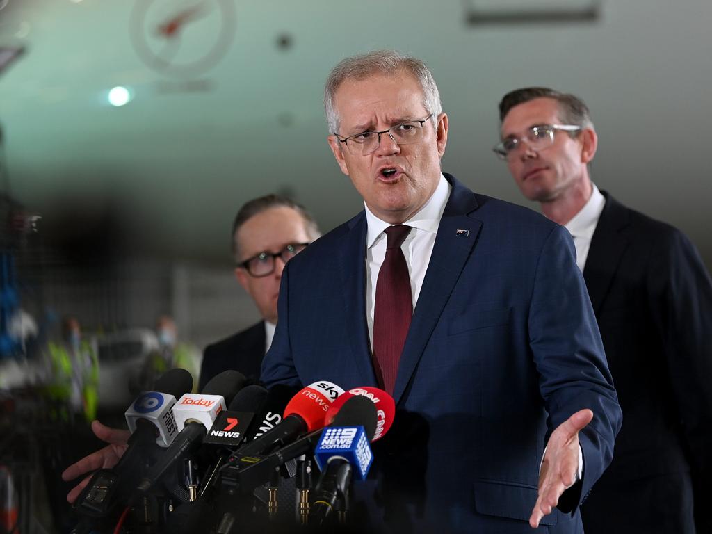 Prime Minister Scott Morrison speaks to the media at the Qantas Jet Base at Sydney Airport. Picture: NCA NewsWire/Bianca De Marchi