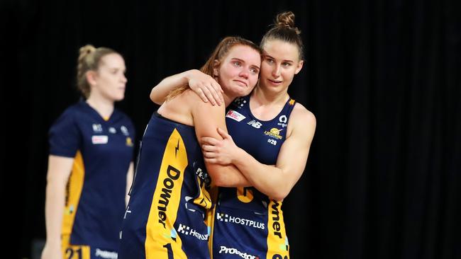 Steph Wood (L) getting shutdown in a Zoom call was the lowest point of the netball pay war. Picture: Getty