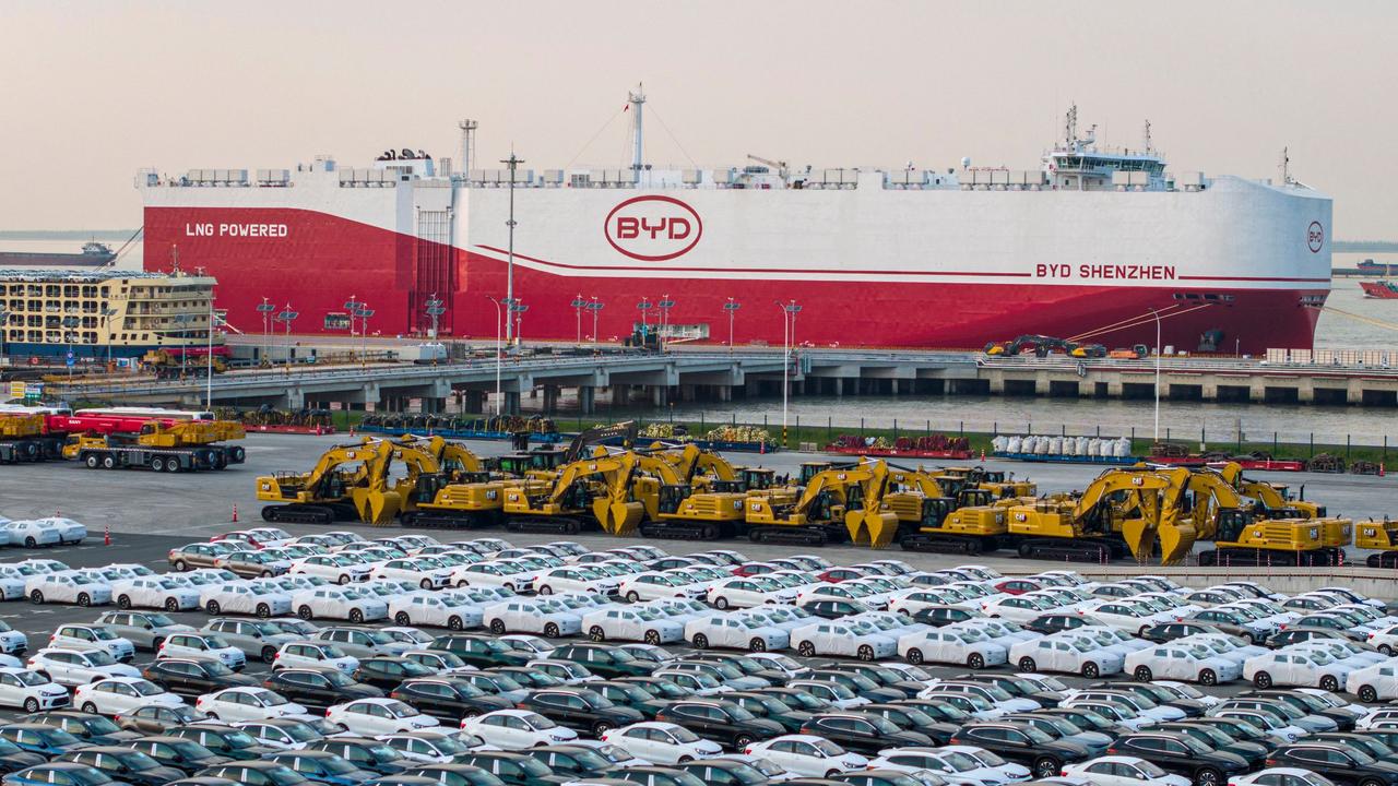 The photo taken on April 27, 2025 shows BYD electric cars waiting to be loaded to the automobile carrier BYD 