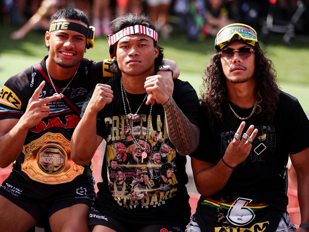 Jarome Luai (R) with triple premiership teammates Stephen Crichton and Brian To’o. Picture: NRL