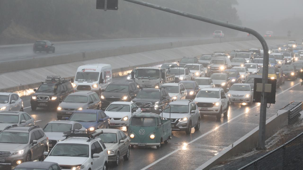 The huge car pileup on Southern Expressway has caused traffic delays near Majors Road, O’Halloran Hill. Picture: Dean Martin