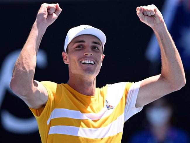 This is how you celebrate when you knock off a top-15 seed at the Aus Open. Picture: AFP