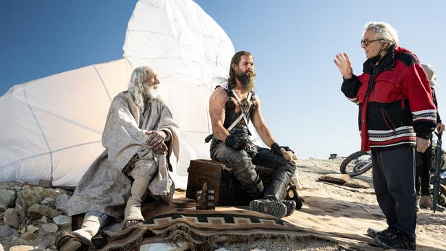 George Miller and Chris Hemsworth on the set of Furiosa: a Mad Max saga. Picture: Jasin Boland/Warner Bros