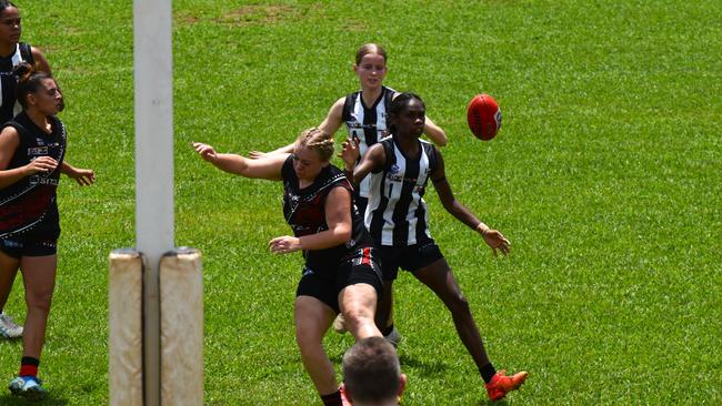 Images from the Round 9 NTFL MPL/WPL clash between the Tiwi Bombers and Palmerston Magpies at Bathurst Island, 30 November 2024. Picture: Darcy Jennings