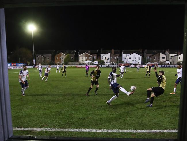 Tottenham Hotspur's French midfielder Moussa Sissoko controls the ball during the English FA Cup third round football match between Marine and Tottenham Hotspur at Rossett Park ground in Crosby, north west England, on January 10, 2021. (Photo by Martin Rickett / POOL / AFP) / RESTRICTED TO EDITORIAL USE. No use with unauthorized audio, video, data, fixture lists, club/league logos or 'live' services. Online in-match use limited to 120 images. An additional 40 images may be used in extra time. No video emulation. Social media in-match use limited to 120 images. An additional 40 images may be used in extra time. No use in betting publications, games or single club/league/player publications. /