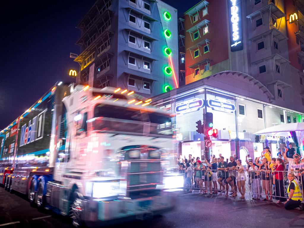 A convoy of trucks arrives in Darwin's CBD to announce the arrival of the Supercars for the round at Hidden Valley Raceway. Picture: Che Chorley