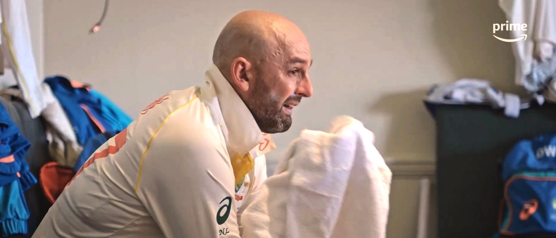 Nathan Lyon was in teers inside the Aussie dressing room. Photo: Amazon Prime Video.