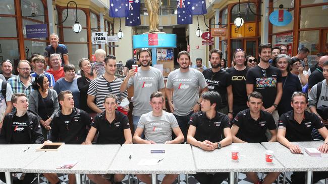 The Trek-Segafredo team at an autograph signing session ahead of the Tour Down Under. Picture: AAP Image/Emma Brasier