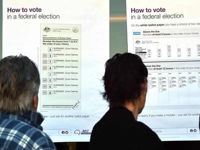 Posters explaining how to vote are seen outside a polling booth in Brisbane, Saturday, July 2, 2016. About 15 million Australians will cast their vote in today's federal election. (AAP Image/Dan Peled) NO ARCHIVING