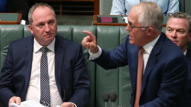 Deputy PM Barnaby Joyce and PM Malcolm Turnbull in the House of Representatives Chamber at Parliament House in Canberra.