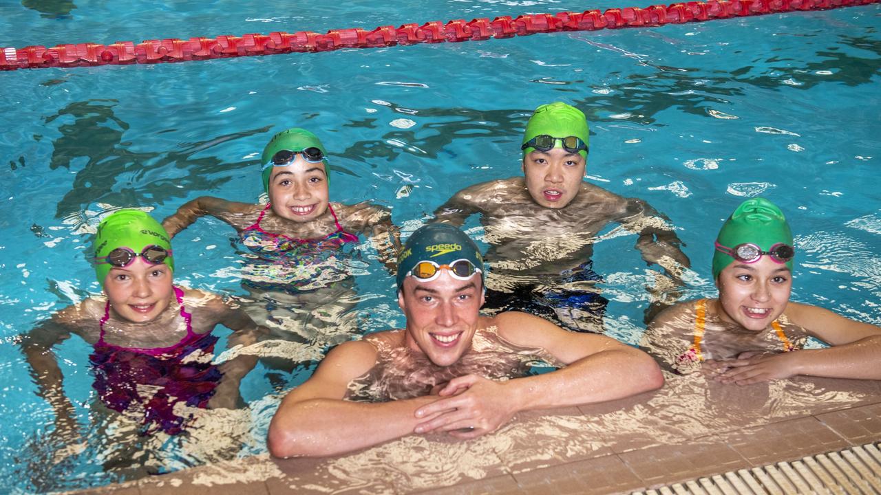 Olympian Zac Stubblety-Cook with (from left) Isla Lotz, Georgia Hood, Jeiron Yong and Olivia Grubb at the Australian Swim Camps event in Toowoomba. Picture: Nev Madsen.