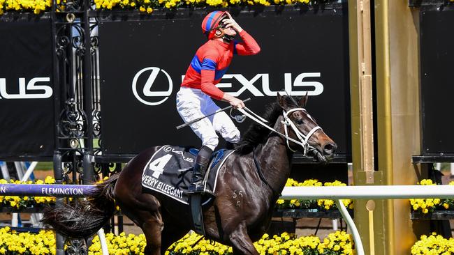 James McDonald rises in the saddle after winning the Melbourne Cup on Verry Elleegant. Picture: Racing Photos via Getty Images