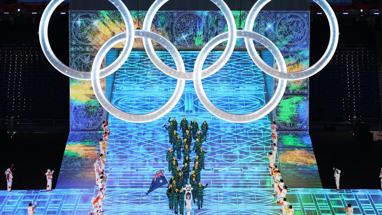 Flag-bearers Brendan Kerry and Laura Peel lead the Australian team into the stadium during the Opening Ceremony of the 2022 Winter Olympics in Beijing. Picture: Getty Images