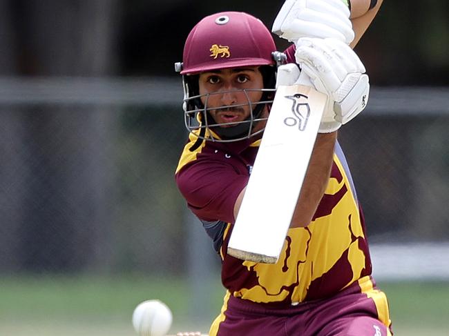 Premier Cricket 2021-22. Fitzroy Doncaster v Melbourne University at Schramms Reserve, December 11, 2021 in Doncaster.  Ejaaz Alavi of Fitzroy Doncaster at bat.Picture : George Sal