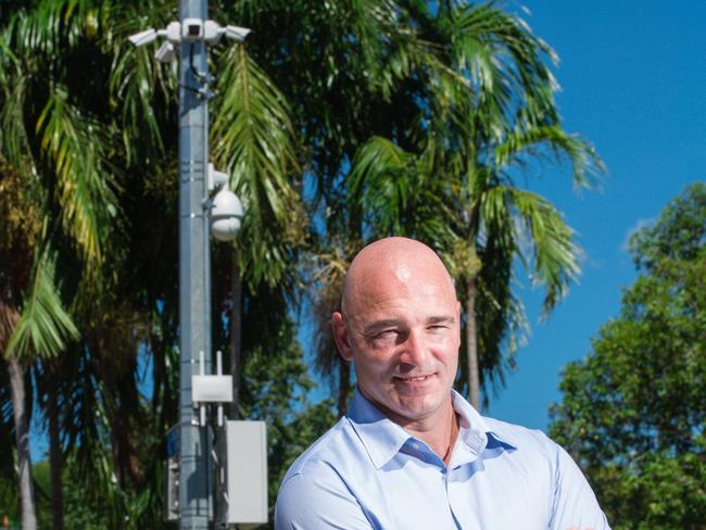 Darwin council innovation manager Josh Sattler with a set of Smart City lights. Picture: Glenn Campbell