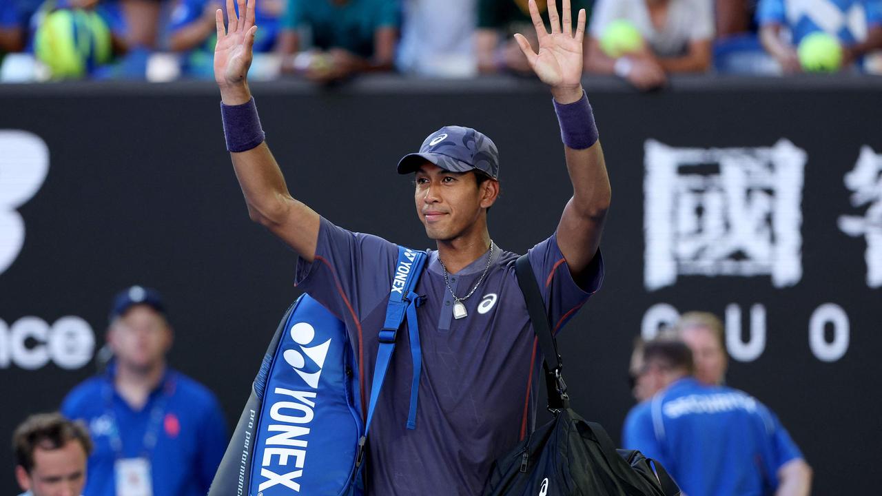 Thailand's Kasidit Samrej acknowledges the crowd after a stunning Australian Open debut in which he almost brought down last year’s runner-up Daniil Medvedev. Picture: Martin Keep / AFP