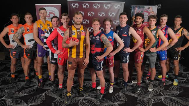 GDFL season launch.Football Left : Ryan Ganz and Josh Viney from Geelong West Giants , Jordan Camm from Thomson , Charlie Farrell from Nth Geelong ,Mathew De Vries from Corio ,Jack Fiolet from Inverleigh Hawks ,Mason Rhodes from Anakie ,Alex Jolley from Belmont Lions ,Tom Henry from Winchelsea ,Rich Ryan from East Geelong ,Brad Charlton from Werribee Centrals ,Jack Yates from Bell Post Hill and Daniel Measures from Bannockburn Picture: Mark Wilson