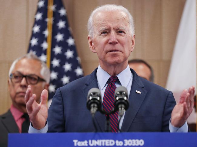 LOS ANGELES, CALIFORNIA - MARCH 04: Democratic presidential candidate former Vice President Joe Biden speaks while standing with supporters at a campaign event at the W Los Angeles hotel on March 4, 2020 in Los Angeles, California. Biden is coming off a strong Super Tuesday performance while former New York City Mayor Mike Bloomberg announced today he is suspending his campaign.   Mario Tama/Getty Images/AFP == FOR NEWSPAPERS, INTERNET, TELCOS & TELEVISION USE ONLY ==
