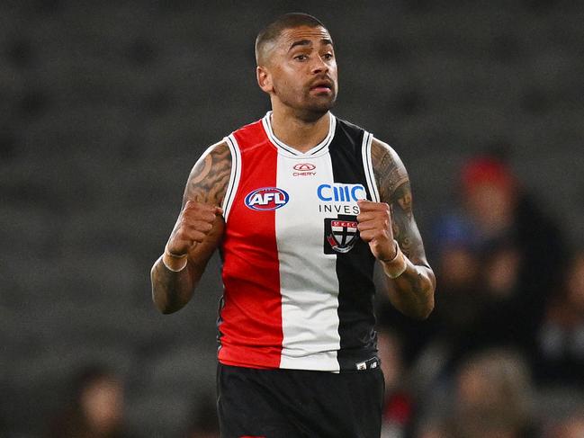 MELBOURNE, AUSTRALIA - JULY 20: Bradley Hill of the Saints celebrates victory on the final siren during the round 19 AFL match between St Kilda Saints and West Coast Eagles at Marvel Stadium, on July 20, 2024, in Melbourne, Australia. (Photo by Morgan Hancock/Getty Images)