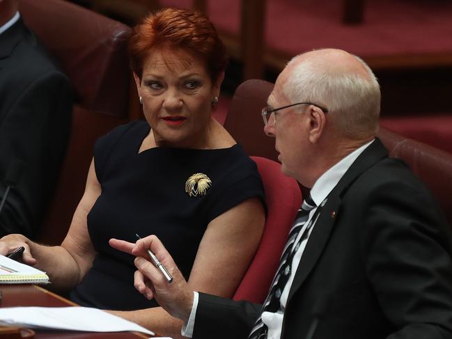 Senator Pauline Hanson speaking with Senator Jim Molan during a division in the Senate Chamber at Parliament House in Canberra. Picture: Kym Smith