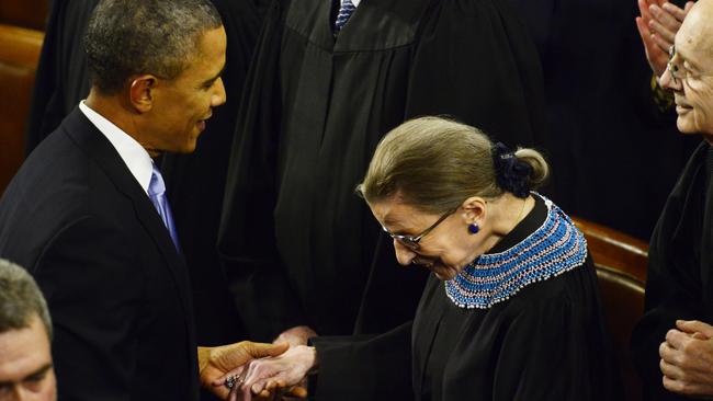 The late Supreme Court Justice Ruth Bader Ginsberg with Barack Obama. Picture: Getty Images