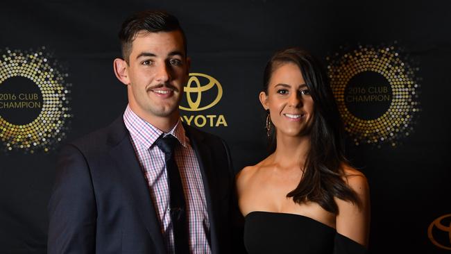 Tex Walker with wife Ellie on the red carpet at the 2016 Adelaide Crows Club championships. Photo Tom Huntley