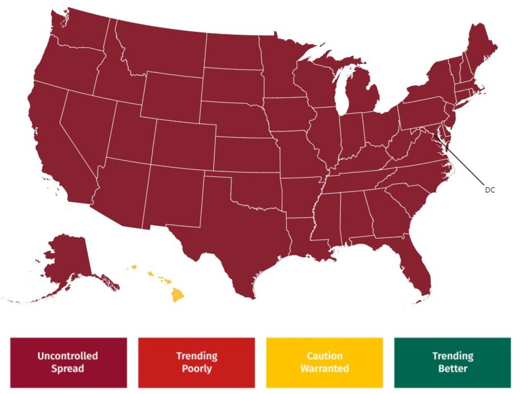 The US has been completely overrun by the COVID-19 virus. Picture: covidexitstrategy.org