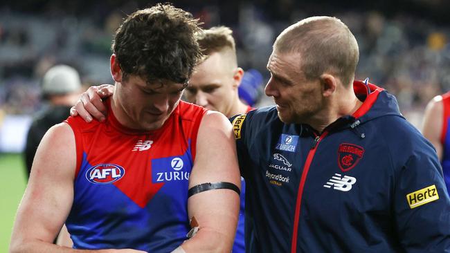 Melbourne premiership coach Simon Goodwin (right) has formed a strong bond with Angus Brayshaw. Picture: Michael Klein