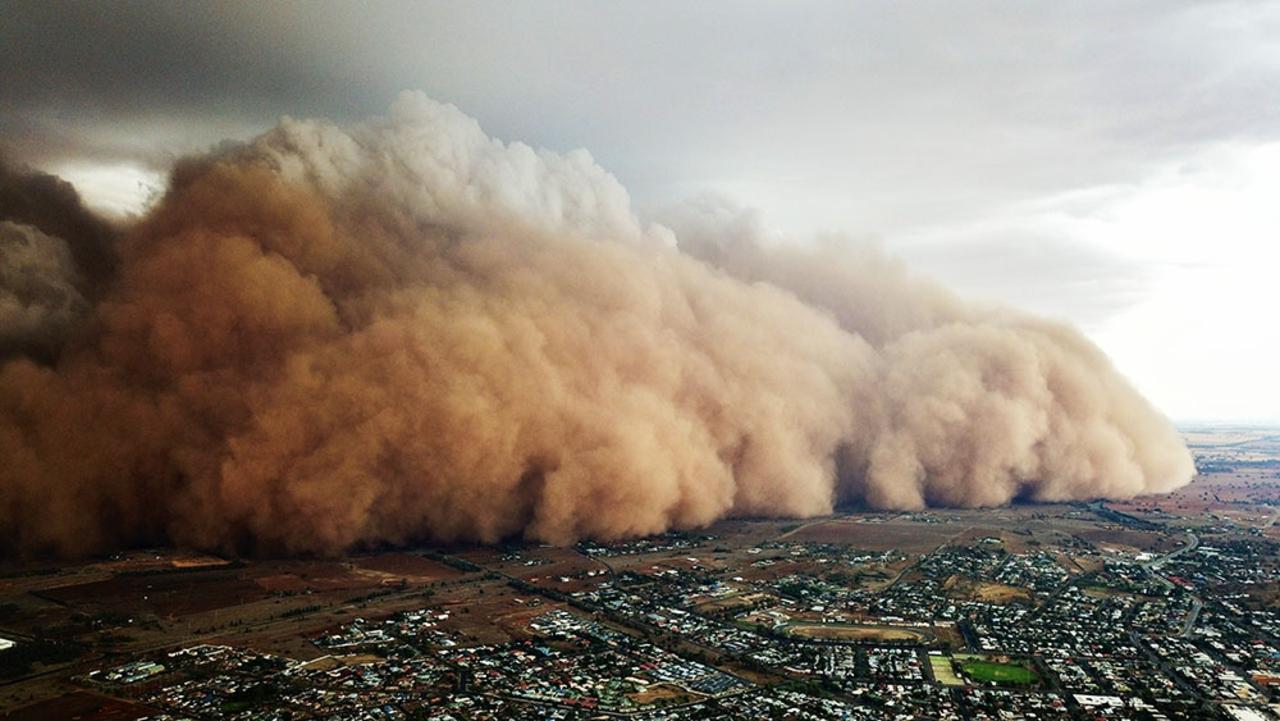 A drone captured this image of the dust storm over Parkes, NSW. Picture: Jason Davies / Severe Weather Australia