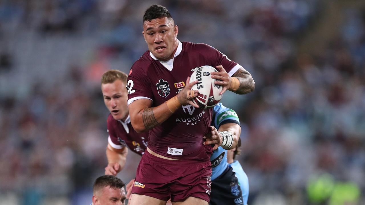 SYDNEY, AUSTRALIA - NOVEMBER 11: Jaydn Su'A of the Maroons is tackled during game two of the 2020 State of Origin series between the New South Wales Blues and the Queensland Maroons at ANZ Stadium on November 11, 2020 in Sydney, Australia. (Photo by Mark Kolbe/Getty Images)