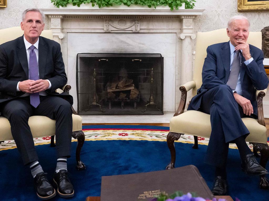 Joe Biden with US House Speaker Kevin McCarthy in the Oval Office. Picture: AFP