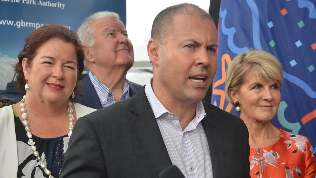 Assistant Environment Minister Melissa Price (left), Environment Minister Josh Frydenberg (middle) and Foreign Minister Julie Bishop (right) in Cairns announcing $500 million in funding for the Great Barrier Reef. Photo: Daniel Bateman