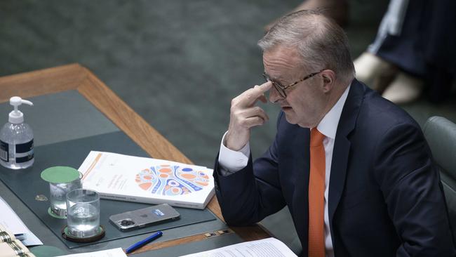 Anthony Albanese‘s feet may be on shifting policy ground, yet poll ratings are heading towards the clouds. Picture: NCA NewsWire / Gary Ramage