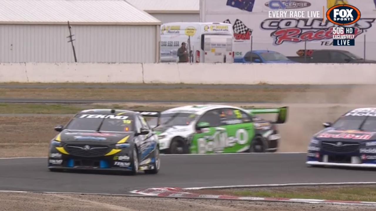 Mark Winterbottom runs off after clashing with Shane van Gisbergen during Race 14 qualifying.