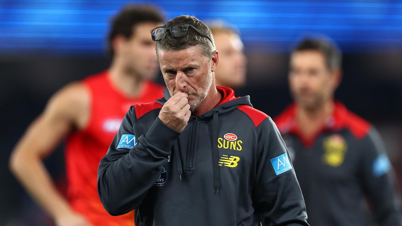 MELBOURNE, AUSTRALIA - JULY 06: Damien Hardwick, Senior Coach of the Suns looks on during the round 17 AFL match between North Melbourne Kangaroos and Gold Coast Suns at Marvel Stadium, on July 06, 2024, in Melbourne, Australia. (Photo by Quinn Rooney/Getty Images)