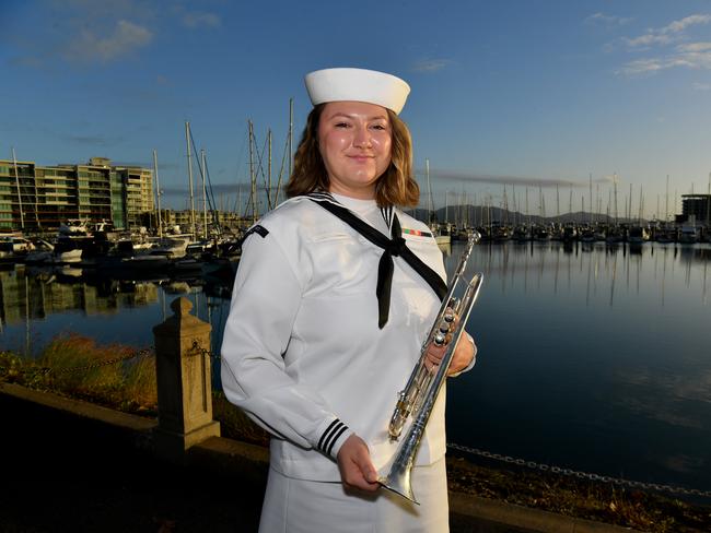 Dawn Service at Anzac Park for 83rd commemoration of Battle of Coral Sea. US Seventh Fleet Band member Musician 3rd Class Christina Taralson. Picture: Evan Morgan