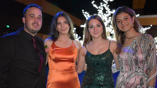 Jackson Pain, Alicia West, Alyssa Bosma and Indiana Saunders at the Mackay North State High School Year 12 formal at the Mackay Entertainment and Convention Centre, Saturday November 21, 2020. Picture: Heidi Petith