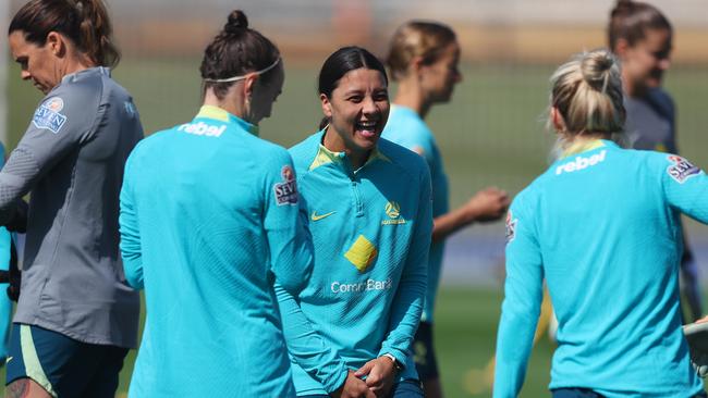 Sam Kerr was in high spirits at training. Picture: Chris Hyde/Getty Images