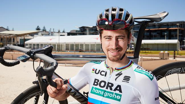 Peter Sagan takes a break from training at Henley Beach last week. Picture: AAP Image