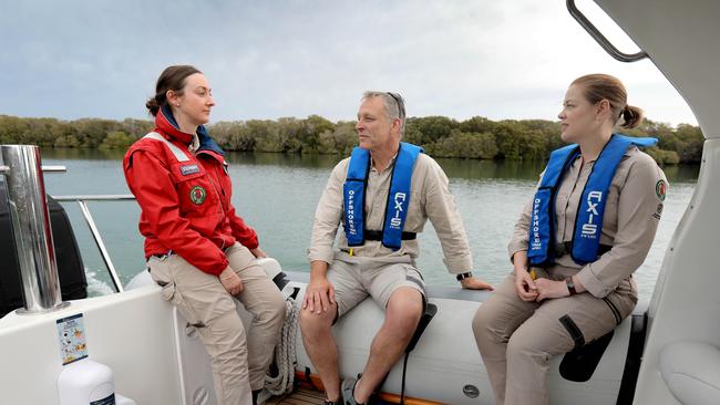 Marine Park rangers Chloe McSkimming, Jon Emmett and Verity Gibbs on the Port River. Picture: Dean Martin