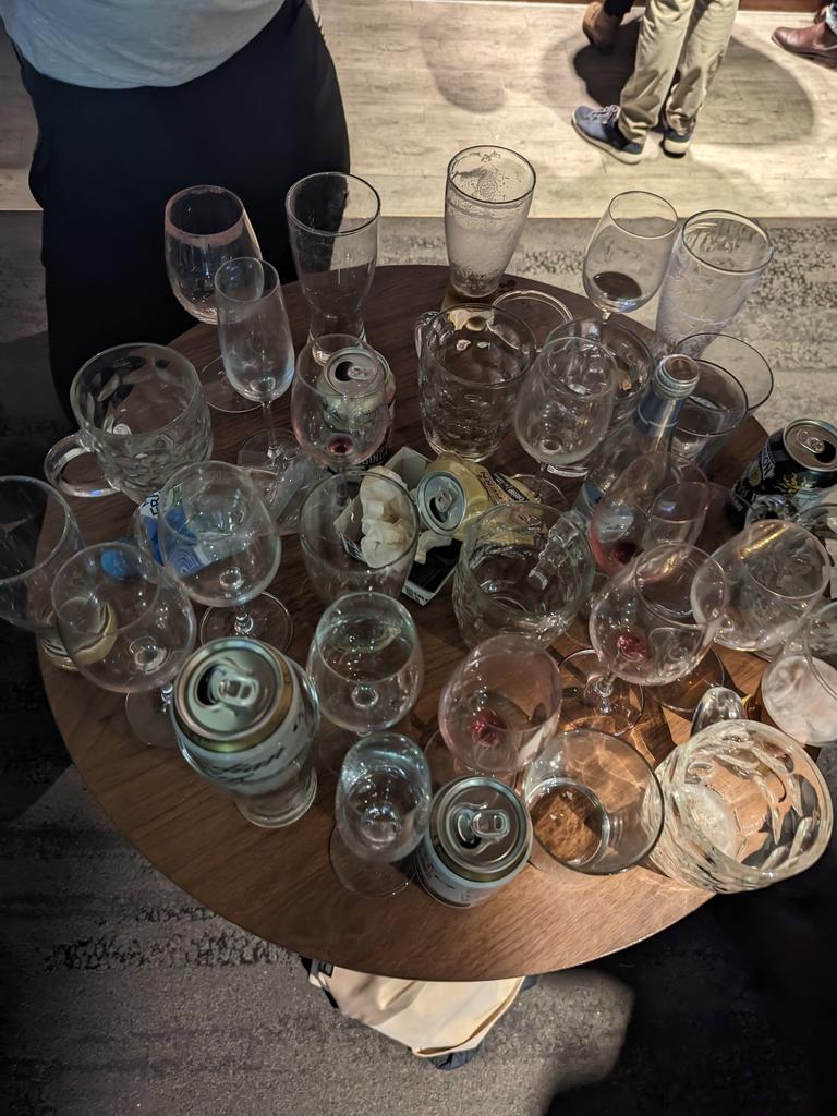 Empty glasses in the MCC Members' Reserve, pictured by MCC member group Save the MCC on Twitter.