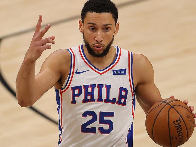 ATLANTA, GEORGIA - JUNE 18:  Ben Simmons #25 of the Philadelphia 76ers calls out a play against the Atlanta Hawks during the first half of game 6 of the Eastern Conference Semifinals at State Farm Arena on June 18, 2021 in Atlanta, Georgia.  NOTE TO USER: User expressly acknowledges and agrees that, by downloading and or using this photograph, User is consenting to the terms and conditions of the Getty Images License Agreement. (Photo by Kevin C. Cox/Getty Images)