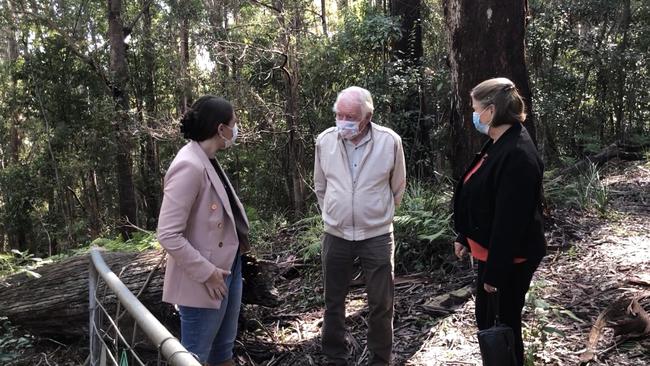 Gaven MP Meaghan Scanlon with landowners Alan and Meryl Wilson at the announcement of Merala Nature Refuge in Currumbin Valley. Photo: Supplied