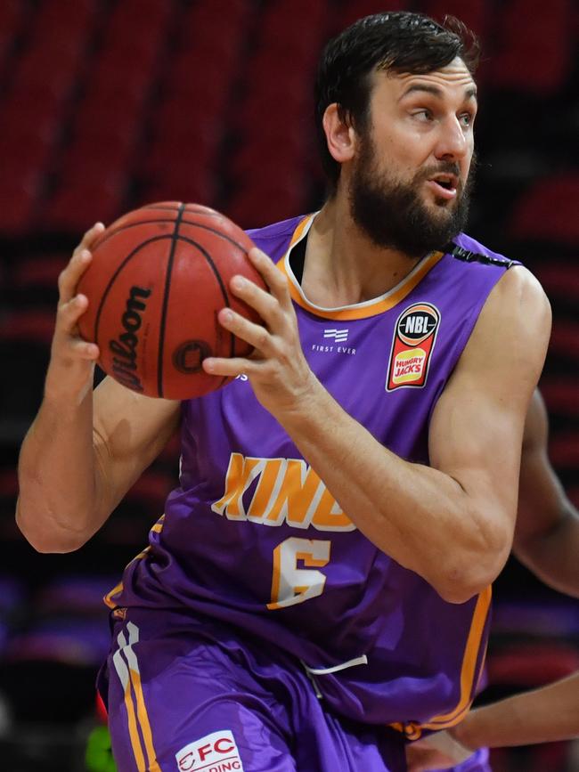 Andrew Bogut goes for a basket during Game 3 of the NBL Finals match between Sydney Kings and Perth Wildcats last year. Picture: Mick Tsikas