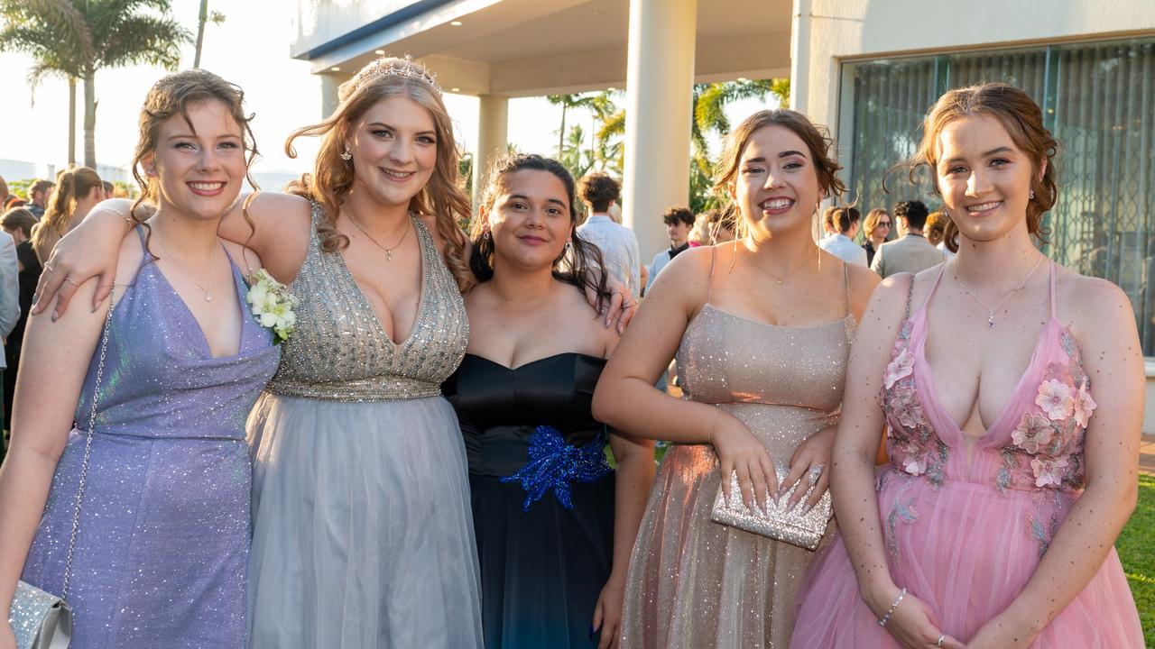 Kaliea Shearsmith, Ailey Verney, Sophia Jeffries, Hayley Hember-Tlomak and Jayde James at the Mackay Northern Beaches State High School Senior Formal Class of 2022 held at Mantra Mackay Marina. Picture: Michaela Harlow