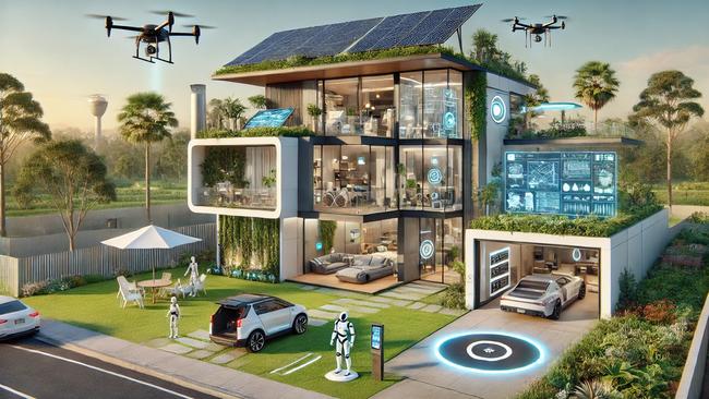 A visual concept of a family home in Australia in 2074, showcasing a blend of sustainability, cutting-edge technology, and futuristic architecture. Source: ChatGPT