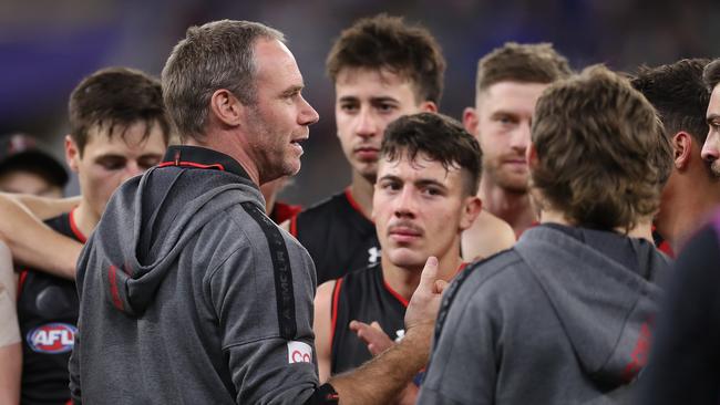 Ben Rutten addresses his troops during Friday night’s loss to West Coast in Perth. Picture: Getty Images